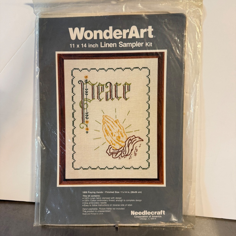 WonderArt Linen Sampler Kit 1808 Praying Hands Peace Vintage Needlecraft New